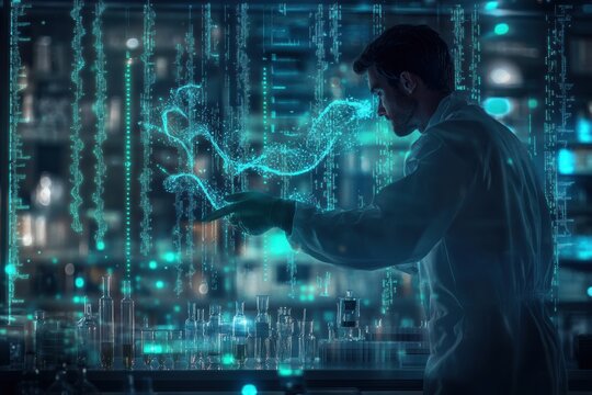 A genetic engineer in a futuristic laboratory manipulating floating holographic DNA strands with advanced technology and equipment. Generative AI