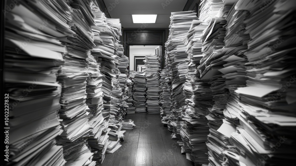 Poster office hallway with a massive stack of papers piled in the center, creating an overwhelming scene.