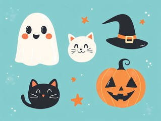 Fototapeta premium 2408 144.A Halloween clipart set featuring a happy ghost, a smiling pumpkin, a curious black cat, and a witch hat. The vector illustrations have a playful and cute design, ideal for creating