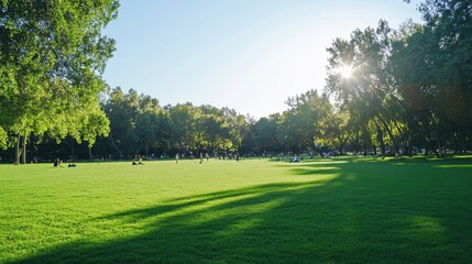 Obraz premium Open green lawns under a clear blue sky with families and friends enjoying sports and play activities in the beautiful light.