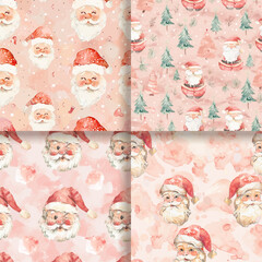 Watercolor Christmas Seamless Pattern with Santa Claus and Pine Trees