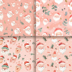 Cute Watercolor Christmas Santa Claus Seamless Pattern Pink Background