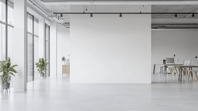 Open space white office with a versatile wall for projecting business presentations or showcasing designs.