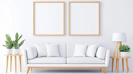 Minimalist living room interior with white sofa, plants, and blank picture frames, conveying simplicity, modern decor, and natural light.