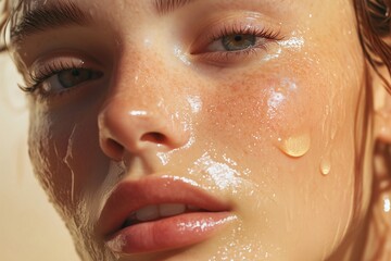 Fototapeta premium Water hydration beauty, skincare face moisturizer, serum product in golden sunlight. Banner with copy space. skincare product on facial skin. Natural beauty and cosmetic concept.