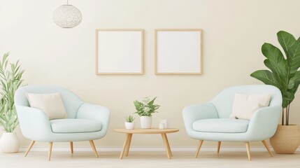 Minimalist living room interior with white sofa, plants, and blank picture frames, conveying simplicity, modern decor, and natural light.