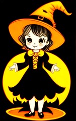 Fototapeta premium vintage drawing of a cute young child, youth, kid dressed up for Halloween as a wicked witch, spooky, traditional, illustration, old-fashioned, charm, eerie, playful, magical, fantasy, innocence