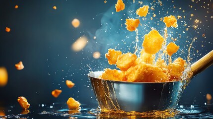 Golden fried nuggets splashing in oil, dynamic culinary action, vibrant backdrop.