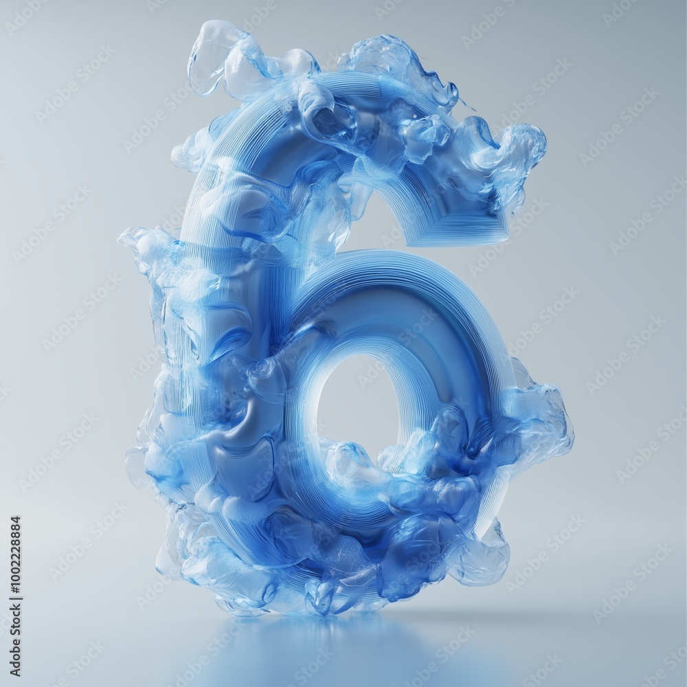Poster artistic rendering of the number six in swirling blue hues, showcasing fluid dynamics and abstract d