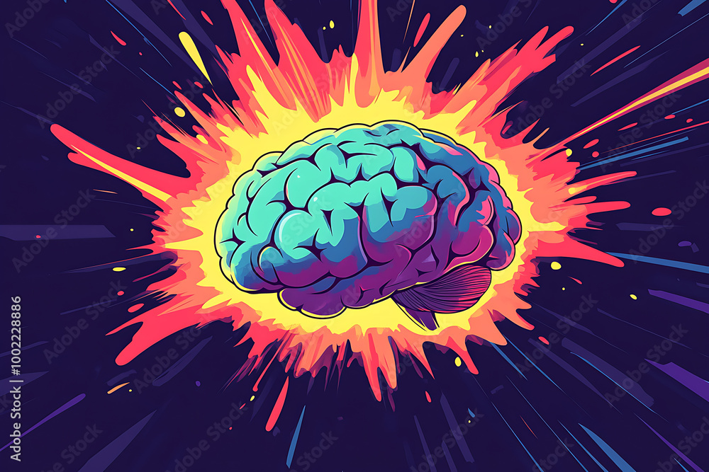 Poster a vibrant illustration of a brain exploding with colorful energy.