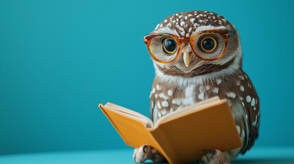 Wisdom and education concept image with a wise owl reading a book on blue background, Ai