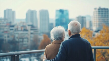 Elderly Couple Embracing, Gazing at Cityscape from Balcony