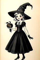 vintage drawing of a cute young child, youth, kid dressed up for Halloween as a wicked witch, spooky, traditional, illustration, old-fashioned, charm, eerie, playful, magical, fantasy, innocence