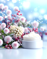 A white jar of cream is placed on a table next to a bunch of flowers. The flowers are pink and white, and they are arranged in a way that they look like they are blooming