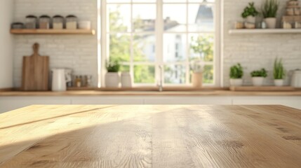 Empty wooden table in a clean, bright kitchen setting, perfect for displaying products or creating montages.