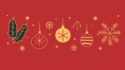 Simple Christmas card with festive icons like holly leaves, snowflakes, and ornaments on a warm red background.