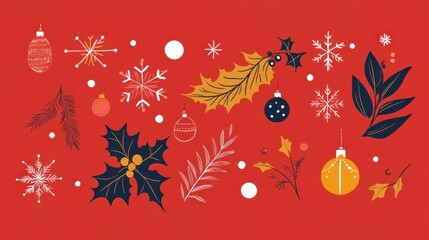 Simple Christmas card with festive icons like holly leaves, snowflakes, and ornaments on a warm red background.