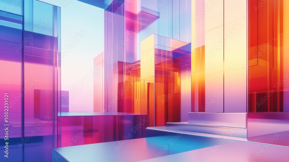 Poster sleek abstract architecture bathed in multi-colored gradients, creating a beautiful and futuristic d