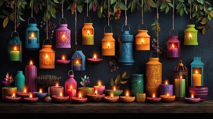 A vibrant display of colorful lanterns and candles surrounded by lush greenery, creating a warm and inviting atmosphere.