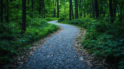 A cobblestone or gravel woodland path, leading through a lush forest and inviting exploration.
