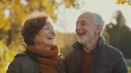 Elderly couple laughing together outdoors in autumn