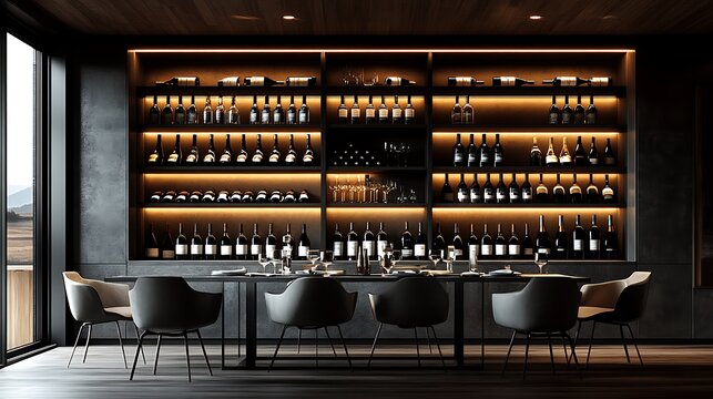 A luxurious wine display wall with integrated LED backlighting, highlighting sleek metal and glass shelves, wine bottles arranged in an artful pattern, set in a high-end modern dining room with soft,