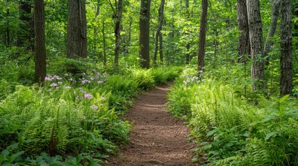 A narrow woodland trail lined with ferns and wildflowers, showcasing natural beauty and serenity.