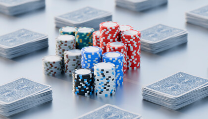 3D render of colorful poker chips with playing cards