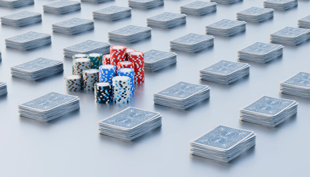 Poker chips and playing cards arranged together
