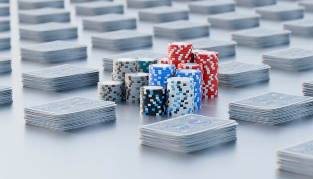 Poker chips stacked amidts playing cards