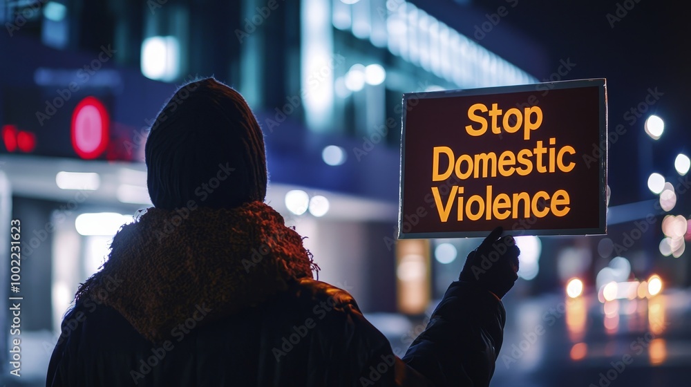 Wall mural Person protesting against domestic violence at night, holding a glowing sign on a city street