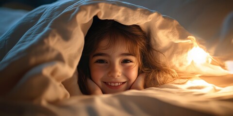 Good Night. Cute Smiling Girl Lying Under Blanket in Bed Wishing Good Night to Mother