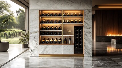 A luxurious wine storage cabinet with marble shelves and brass accents, elegantly holding wine bottles, set in a modern home with marble floors and soft ambient lighting,