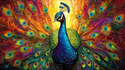   Painting depicts a peacock perched against an orange-yellow backdrop, adorned with multiple feathers