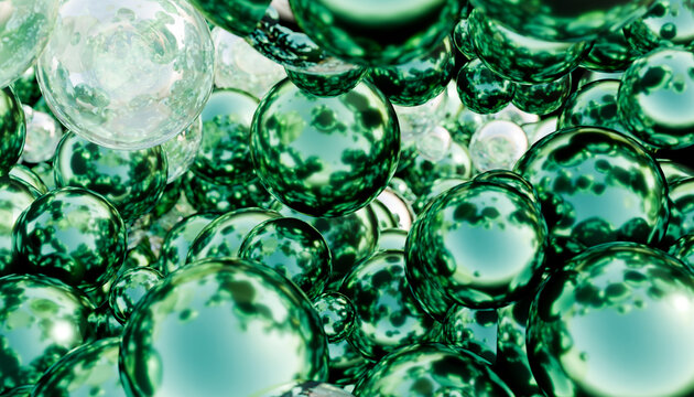 Large group of green bubbles and balls