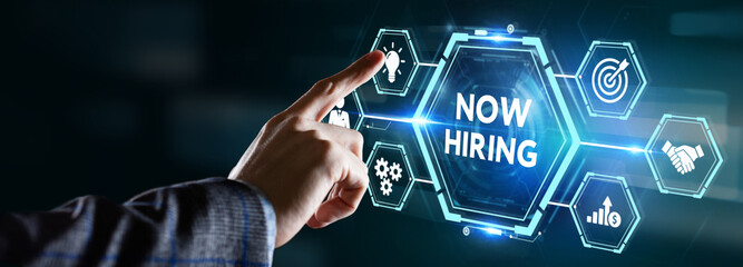 Business, Technology, Internet and network concept. NOW HIRING inscription, modern technology...