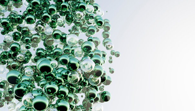 Green and white shiny bubbles against white background