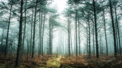 A dramatic woodland scene with tall, towering trees and a foggy atmosphere creating a sense of mystery.