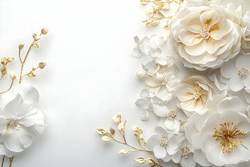 White Paper Flowers with Gold Leaves Abstract Background