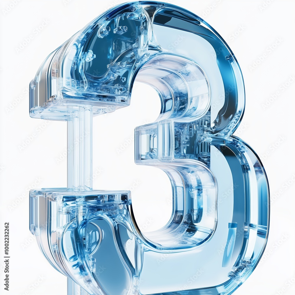 Poster clear blue number three sculpture reflecting modern design in a minimalist setting