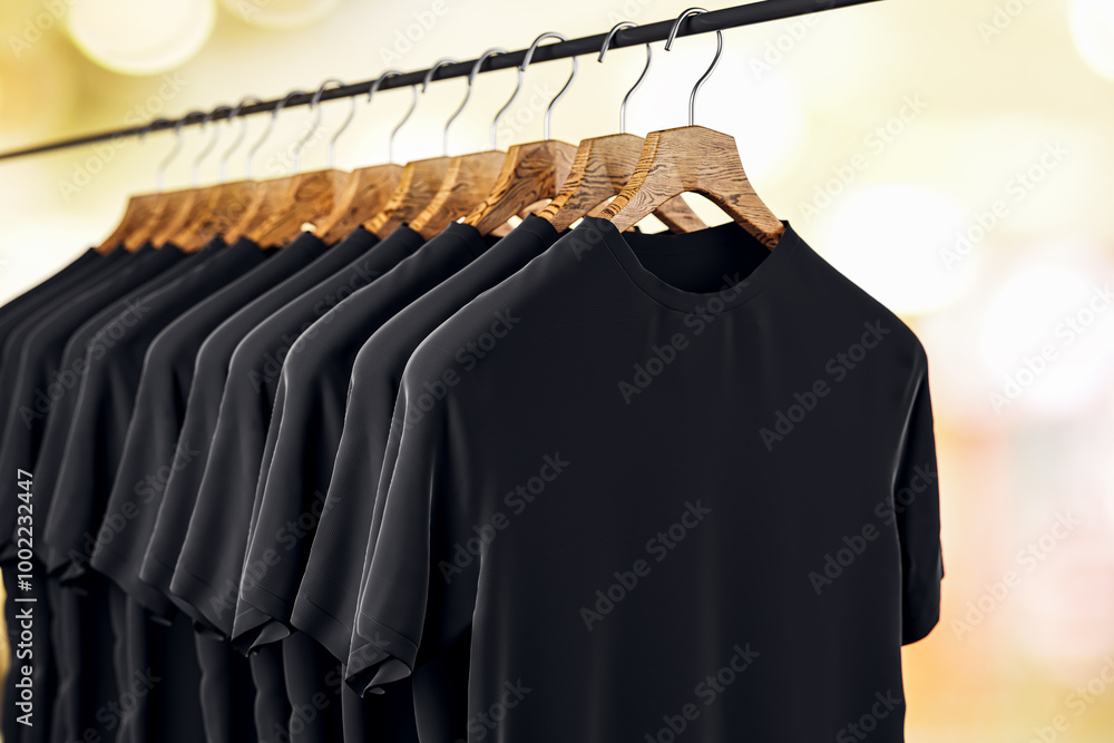 Poster row of empty black t-shirts hanging on rack on blurry light bokeh background. mock up place. fashion