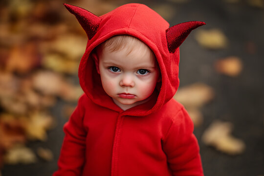 Sulking boy child wearing red Halloween devil costume hoodie with horns
