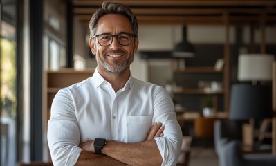 Confident businessman in his thirties standing in modern office with a warm smile, wearing glasses and a casual white shirt