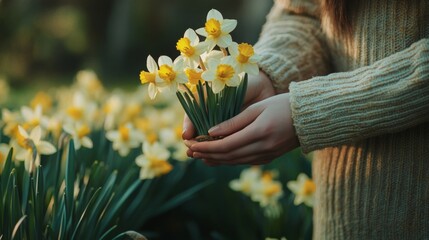 Close-up of a Person Holding a Bunch of Yellow and White Daffodils