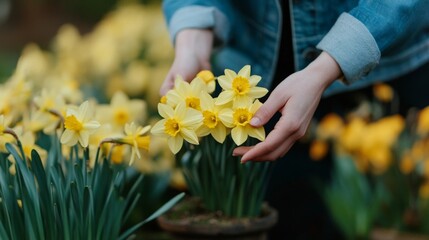 Person's Hand Gently Touching Yellow Daffodils in a Garden