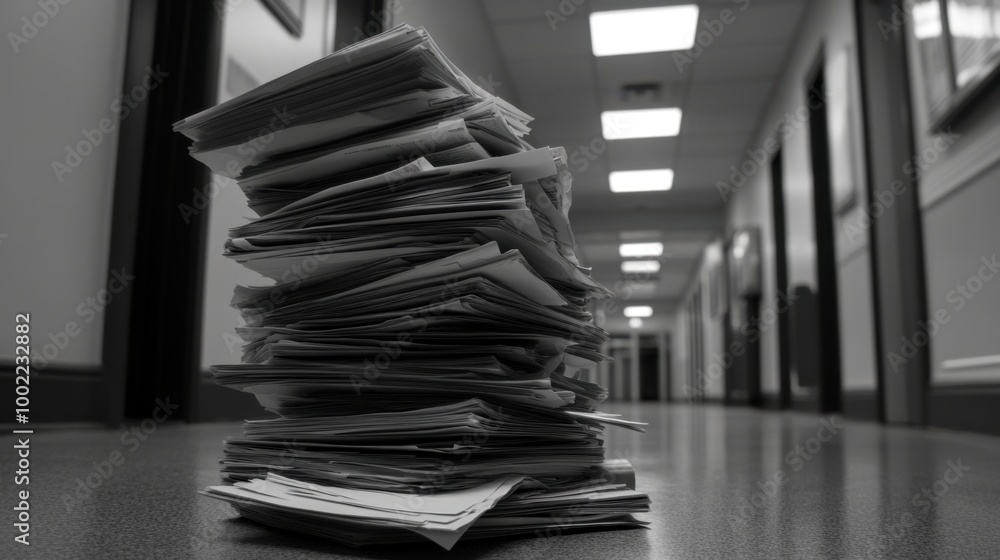 Poster stack of documents sits on the office floor, creating a sense of chaos in the hallway.