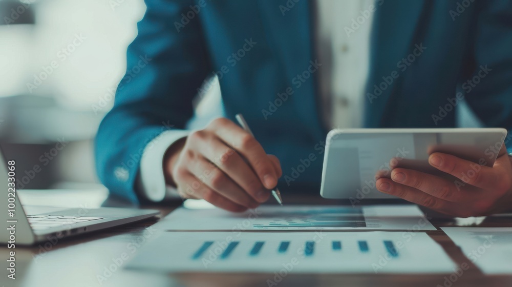 Poster Close-up of a businessman holding a tablet and using a pen to review financial data on documents at a desk, symbolizing business analysis and technology.