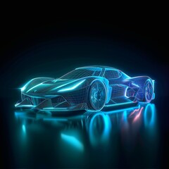 Fototapeta premium Wireframe hologram of an electric sports car, glowing with blue light against the dark background. futuristic polygonal model vehicle holograms. auto ai smart. Low-poly line design. Smart vehicle.