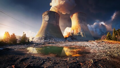 destroyed cooling towers of a nuclear power plant after an explosion