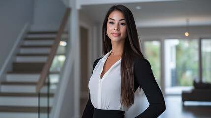 Fototapeta premium Inside a high-end, contemporary home with elegant finishes, a confident European real estate agent radiates professionalism as she guides potential buyers through the luxurious spa